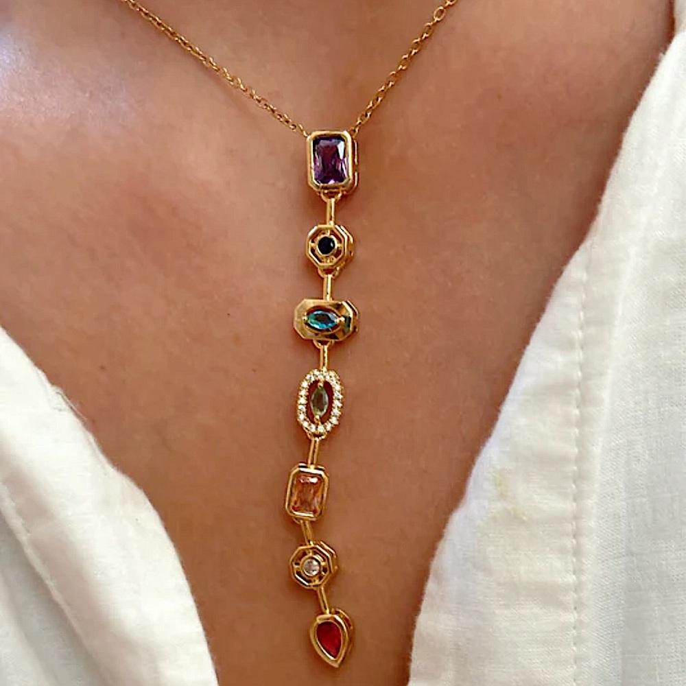 Gold Plated Stainless Steel Multicolor Zircon Tier Necklace Statement - Picture 13 of 17